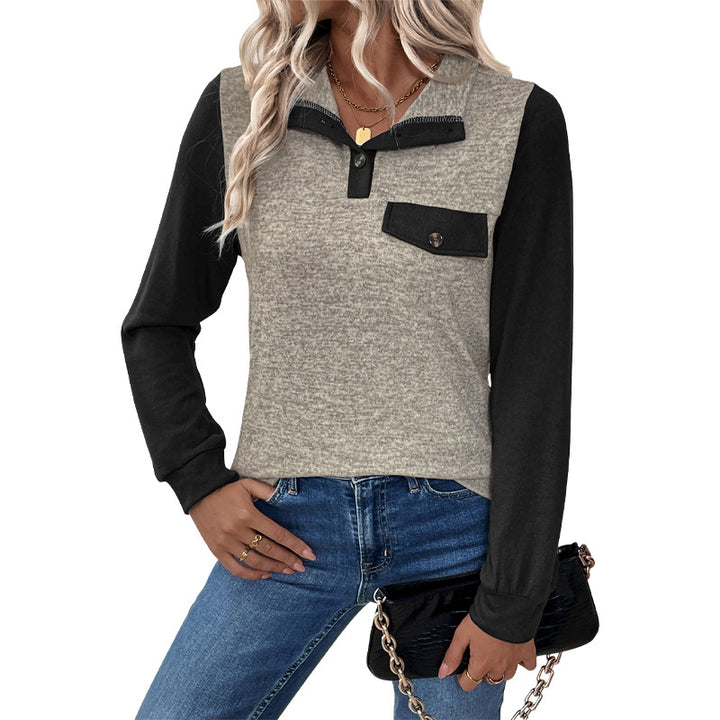 Damen Two‑Tone Langarmshirt mit Kontrastärmeln, Henley‑Knopfleiste und Brusttasche Echoarchiv