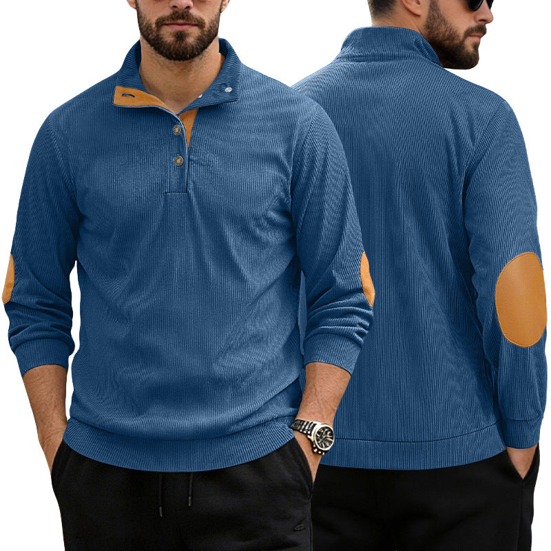 Herren nan lässiger Strukturpullover mit Polokragen, kurzer Knopfleiste und veganen Lederbesätzen Echo Archiv