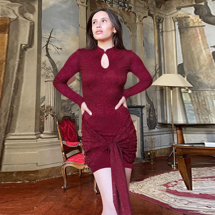 Damen Tailliertes Jacquard-Minikleid mit Drapé-Knoten und Langarm – Avérine