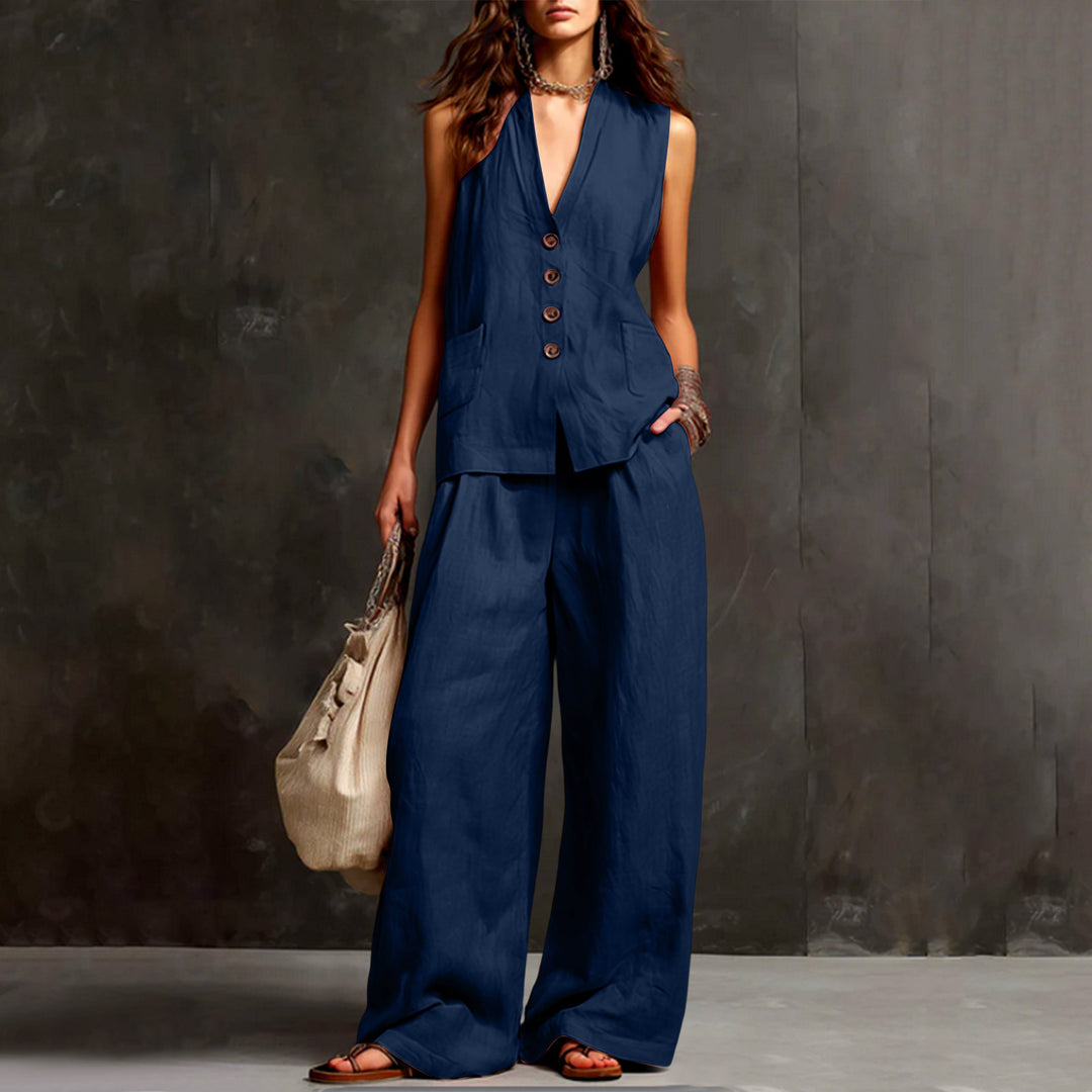 Damen Ärmelloses Longline-Westen und Palazzo-Hosen Set aus Leinenoptik – Célinea