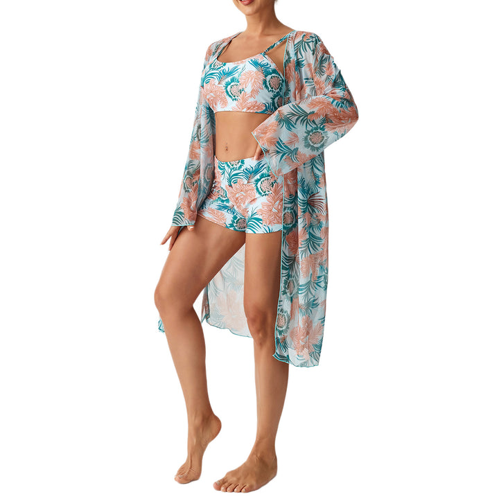 Damen Strandoutfit mit floralem Design und transparentem Kaftan Echo Archiv
