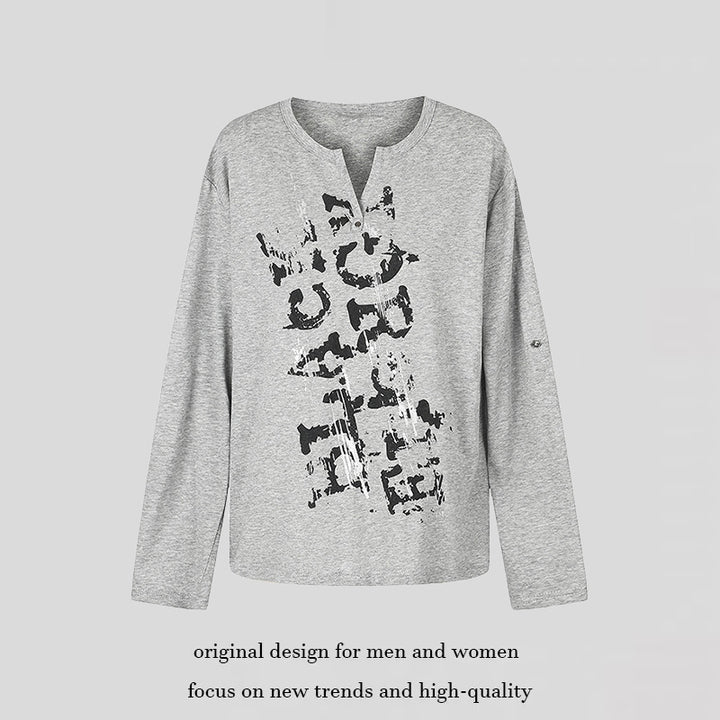 Damen Langarmshirt mit Notch-Ausschnitt und Vintage-Print Echoarchiv