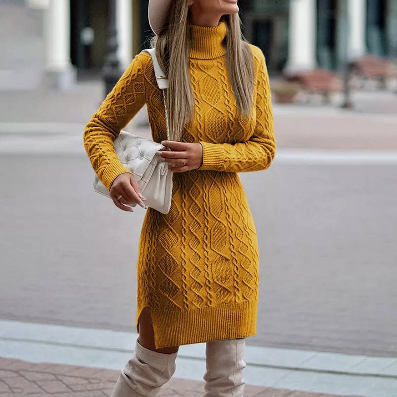 Damen nan figurbetontes Strickkleid mit Rollkragen, Zopfmuster, seitlichem Schlitz und geripptem Saum Echo Archiv