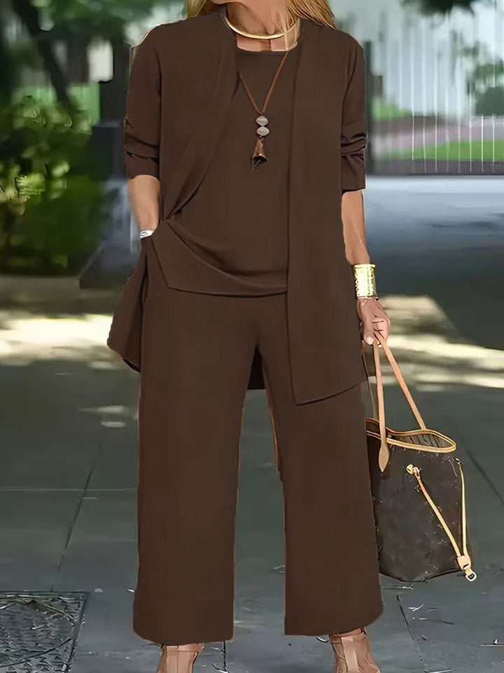 Damen Elegantes Zweiteiler-Set mit offenem Longcardigan, ärmellosem Top und weiter Palazzo-Hose – Élanora