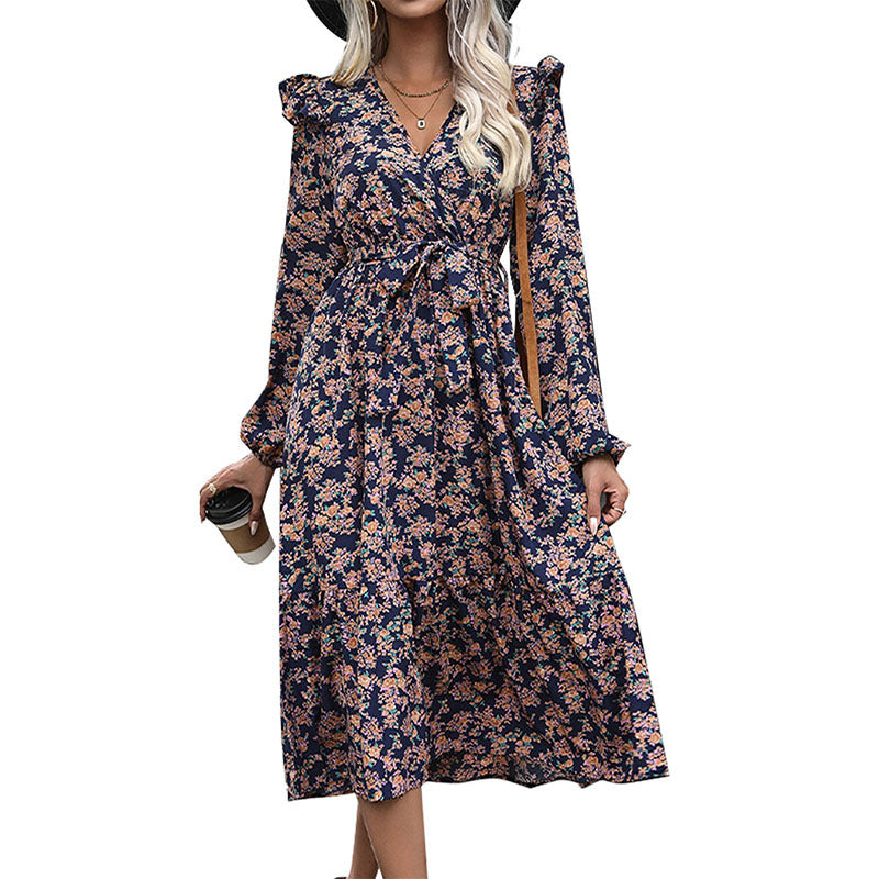 Damen Wickel-Midikleid mit V‑Ausschnitt, Volant-Schultern & Taillenband Echoarchiv