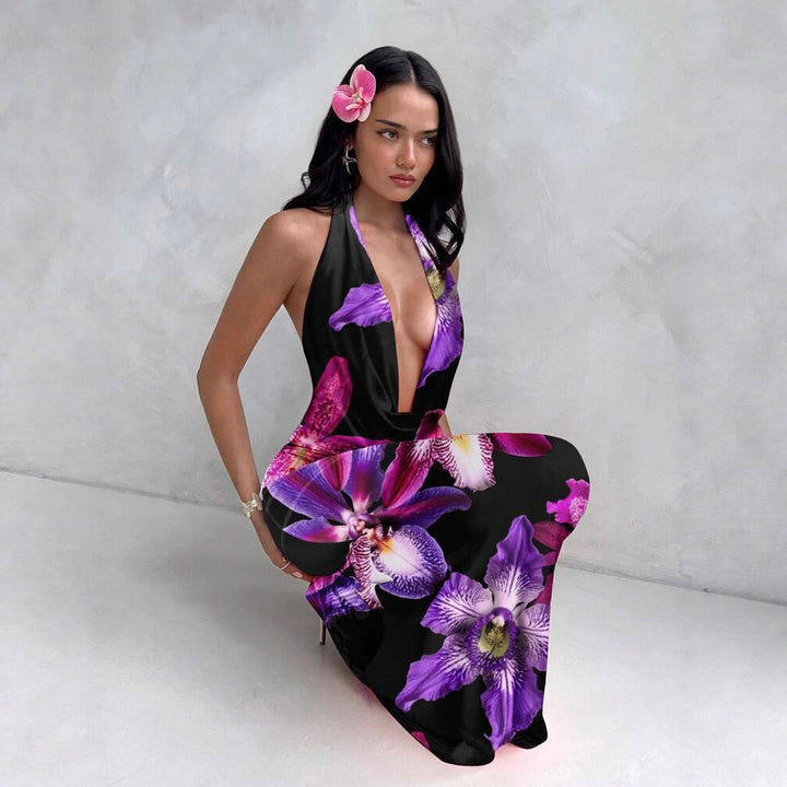 Damen ElegantesMaxikleid mit raffiniertem Blumendruck und tiefem V-Ausschnitt Echo Archiv