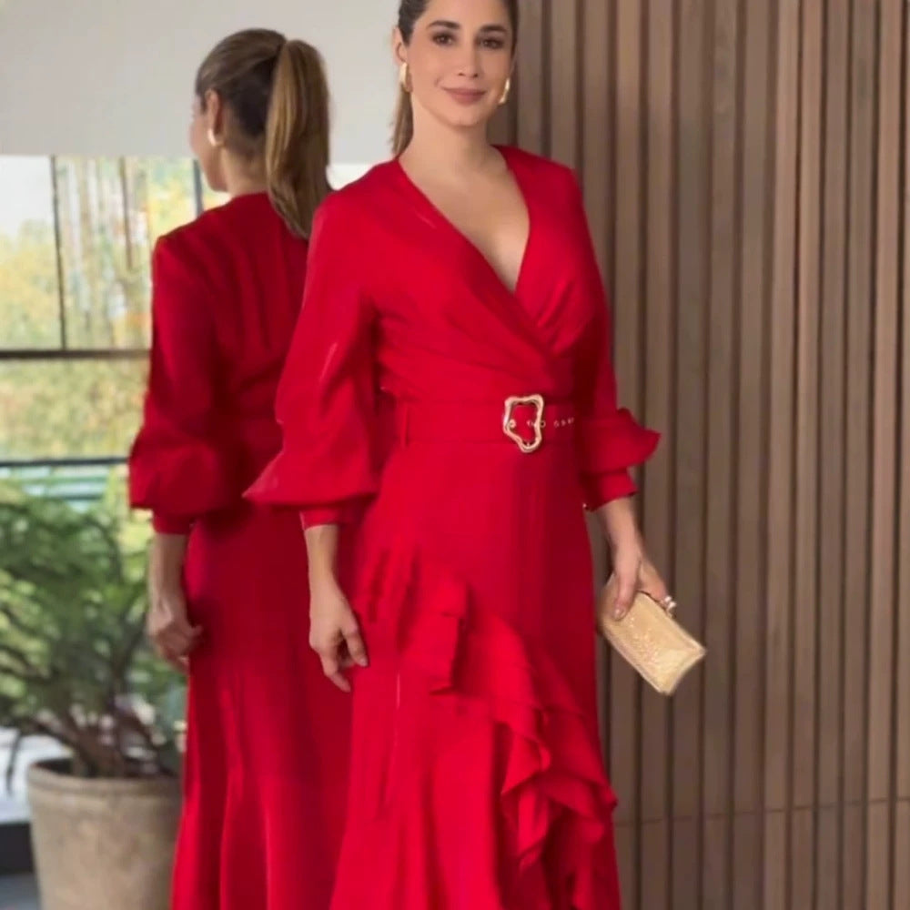 Damen Elegantes Wickel-Maxikleid mit Volants, tailliertem Gürtel & weitem Glockenärmel Echoarchiv