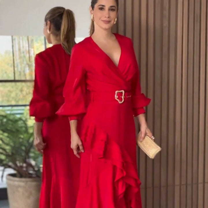 Damen Elegantes Wickel-Maxikleid mit Volants, tailliertem Gürtel & weitem Glockenärmel Echoarchiv