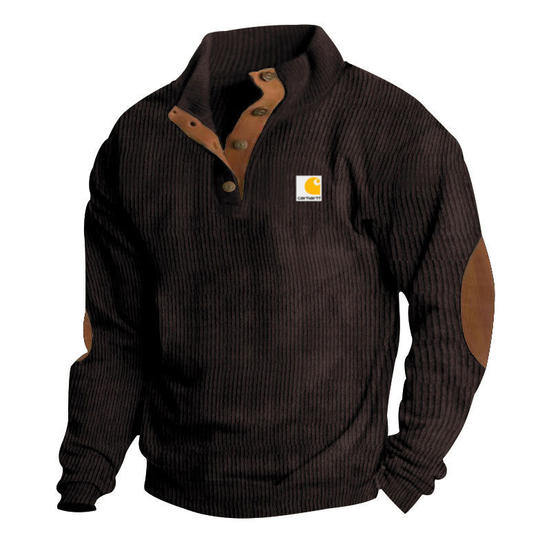 Herren nan Strickpullover im Troyer-Stil mit Stehkragen Lederbesatz Druckknopfleiste und Ellbogen-Patches Echo Archiv