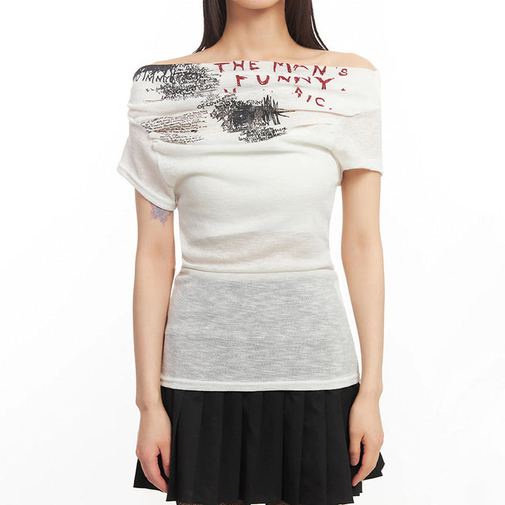 Damen Off-Shoulder T-Shirt mit künstlerischem Druck und figurbetontem Schnitt Echo Archiv