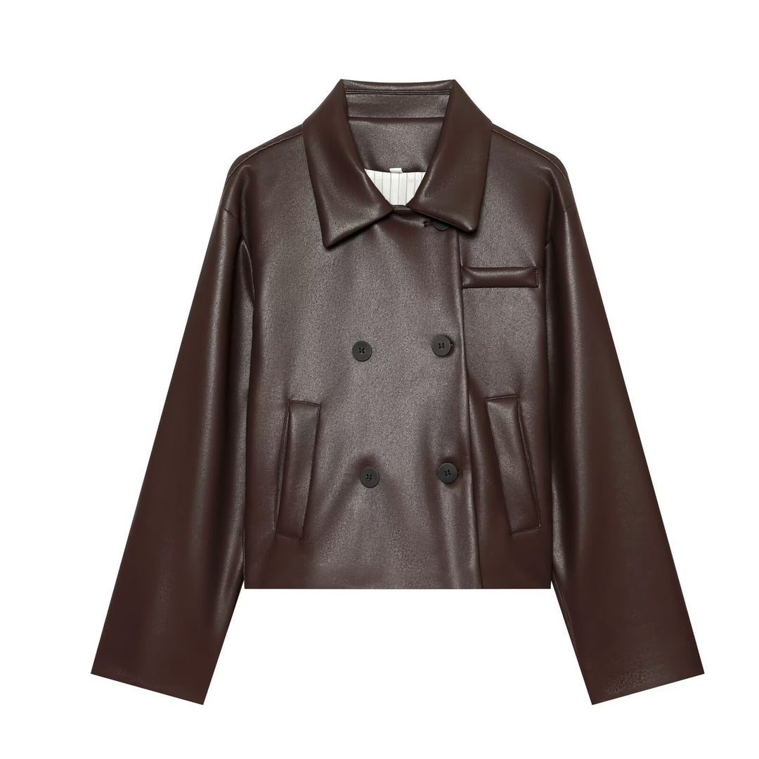 Damen Kurz geschnittene doppelreihige Kunstlederjacke mit weitem Hemdkragen Echo Archiv