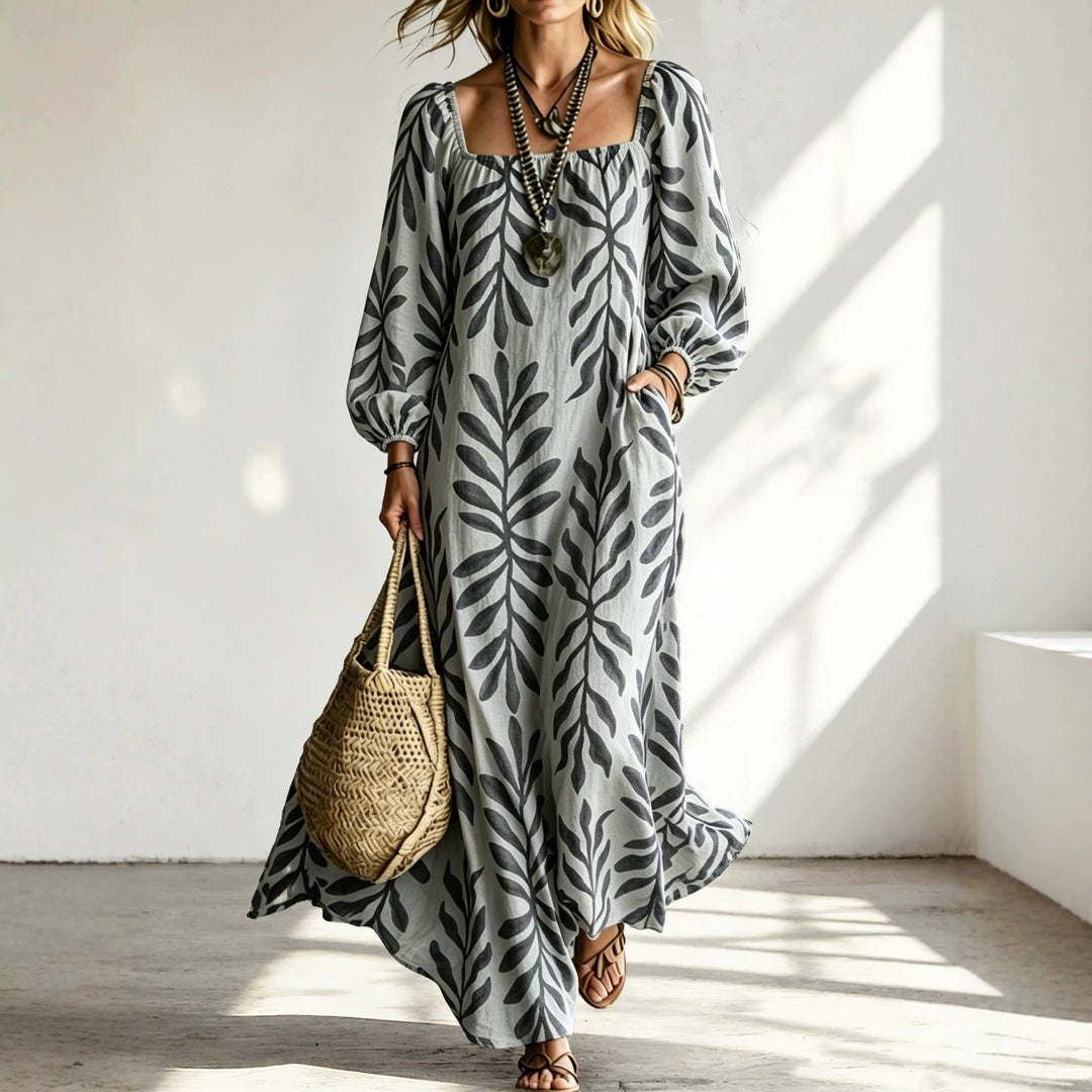 Damen Maxikleid mit quadratischem Ausschnitt, Ballonärmeln und botanischem Print Echoarchiv
