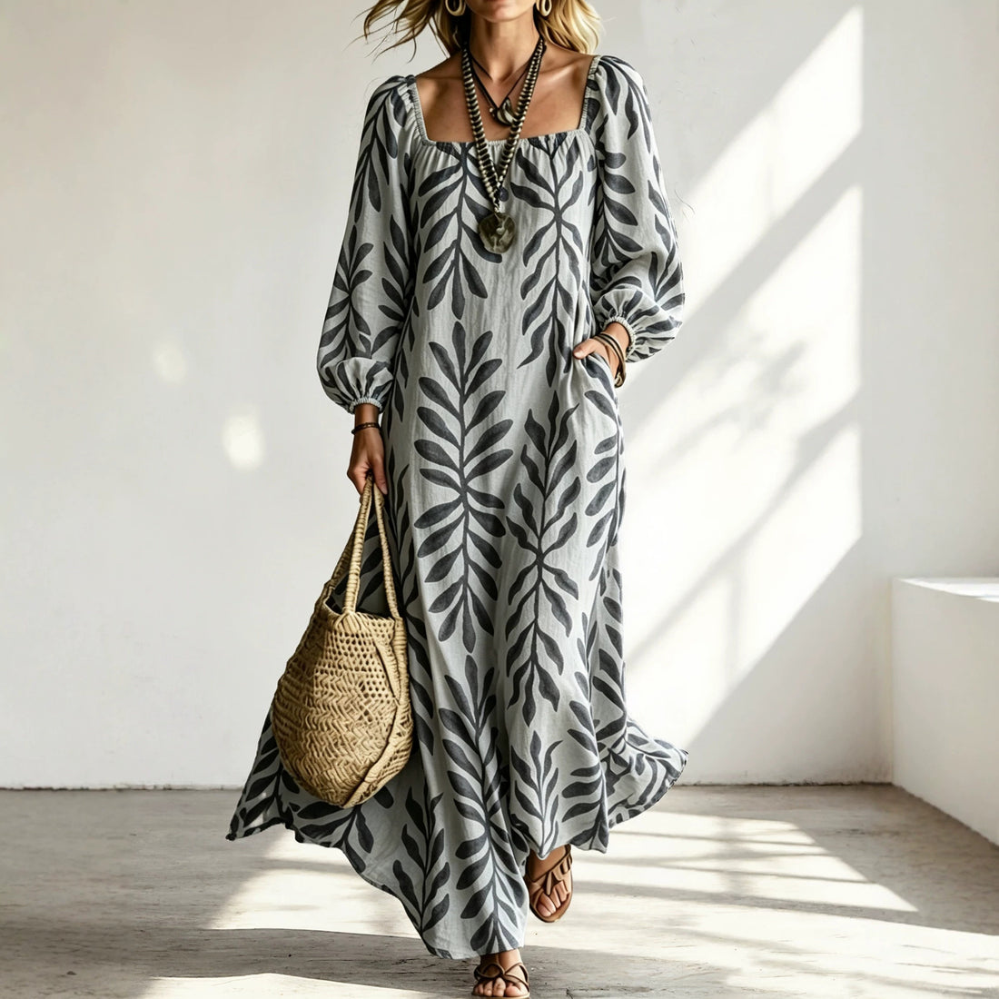Damen Maxikleid mit quadratischem Ausschnitt, Ballonärmeln und botanischem Print Echoarchiv