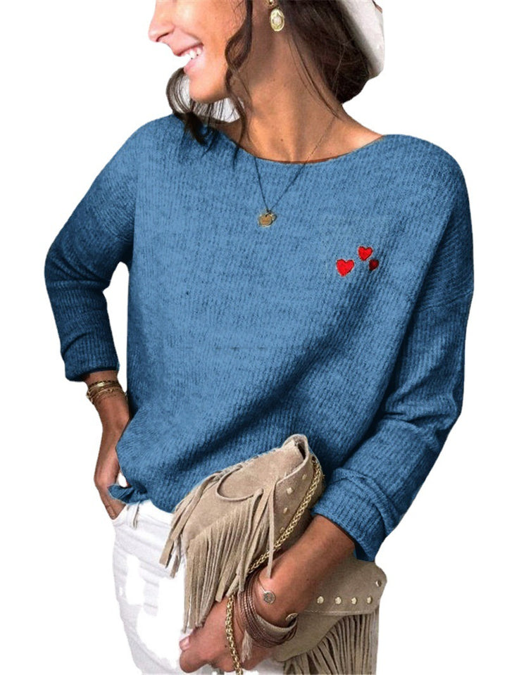 Damen Leichter Feinstrickpullover mit U-Boot-Ausschnitt, lockerem Sitz und Herzstickerei Echoarchiv