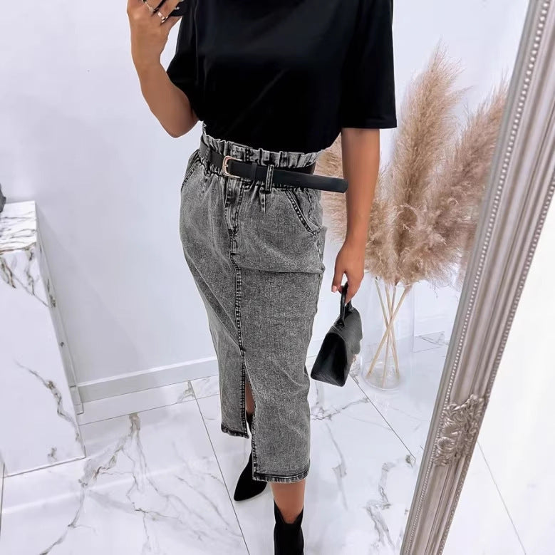 Damen Hochtaillierter Paperbag-Denim-Midirock mit Frontschlitz und Bindegürtel Echo Archiv