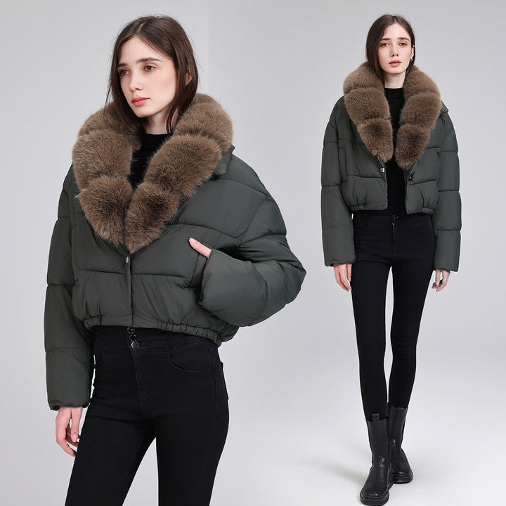 Damen Kurze gesteppte Puffer-Bomberjacke mit extra weitem Kunstfellkragen – Avenza