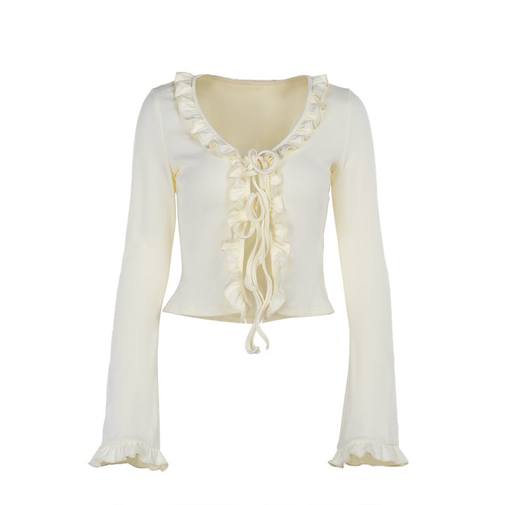 Damen Kurzes Rüschen-Longsleeve mit V-Ausschnitt und Schnürdetail – Avérine