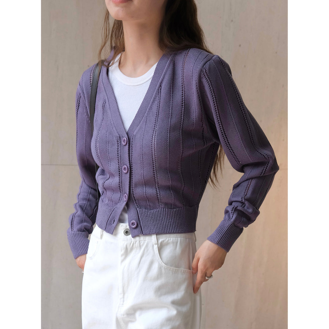 Damen Leichter Ajourstrick-Cardigan mit V-Ausschnitt und tailliertem Rippbund Echoarchiv