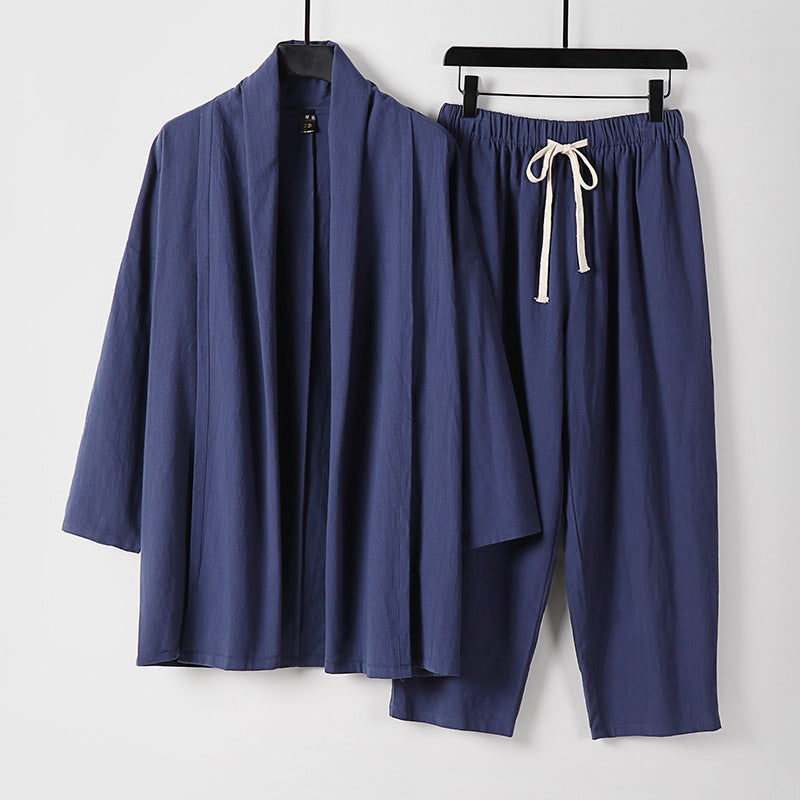 Unisex Lockeres Kimono-Lounge-Set aus leichter Baumwollmischung mit Schalkragen und Kordelbundhose Echoarchiv