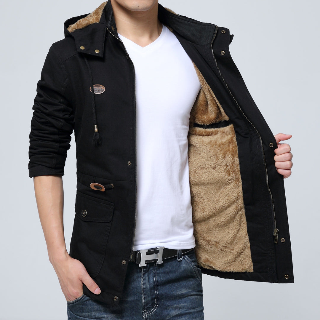 Herren Canvas-Fieldjacke mit wärmender Teddy-Kapuze und Reißverschlussbrusttasche – Taviero