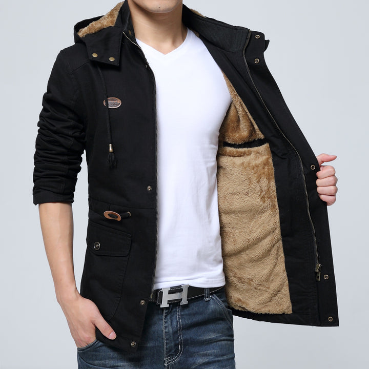 Herren Canvas-Fieldjacke mit wärmender Teddy-Kapuze und Reißverschlussbrusttasche – Taviero