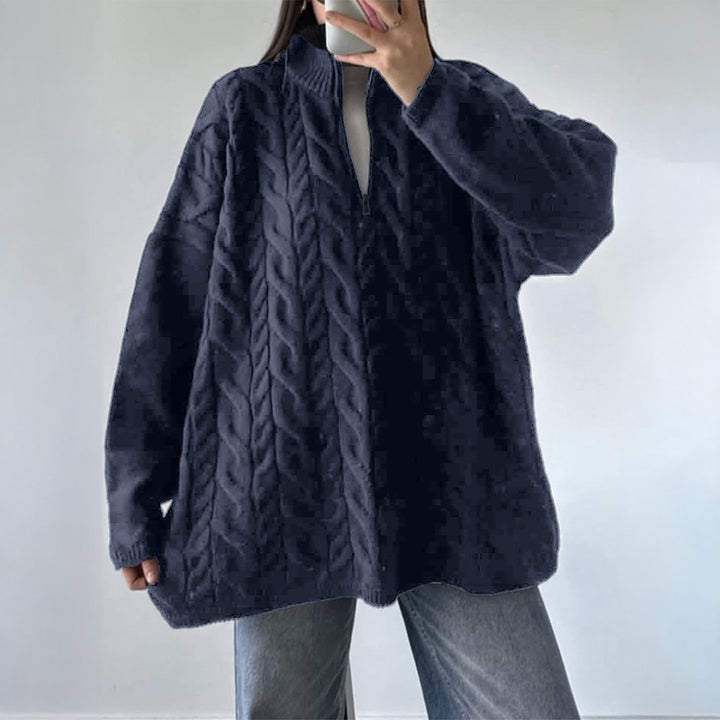 Damen nan oversized Zopfmuster-Troyer mit halbem Reißverschluss, hohem Stehkragen und gerundetem Saum Echo Archiv