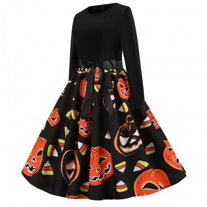 Damen Retro Swing-Kleid mit Halloween Kürbisprint und Taillenschleife – Élara