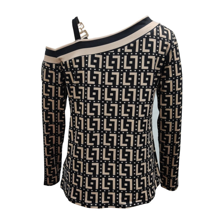 Damen Asymmetrisches Longsleeve mit One-Shoulder, Ziergurt und geometrischem Allover-Print – Avérine