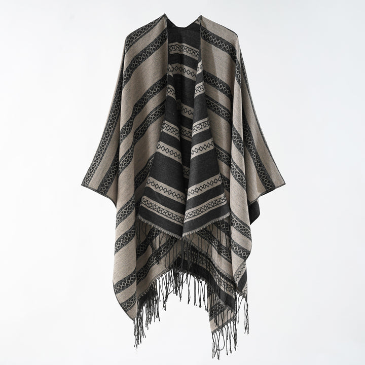 Damen Langer Webponcho im Cape-Stil mit Streifen-Jacquard und Fransen Echo Archiv