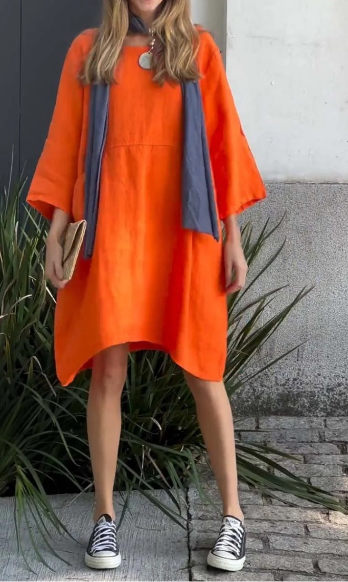 Damen lässiges Leinenkleid mit praktischen Taschen und asymmetrischem Saum Echoarchiv