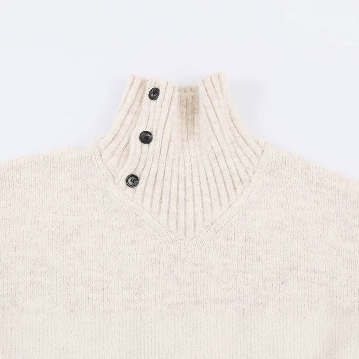 Damen Oversized Strickpullover mit hohem Rippkragen, Knopfdetail und V‑Ausschnitt Echoarchiv