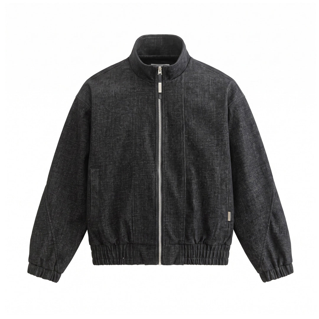 Unisex Boxy‑Bomberjacke aus strukturiertem Denim‑Optik mit hohem Stehkragen Echoarchiv