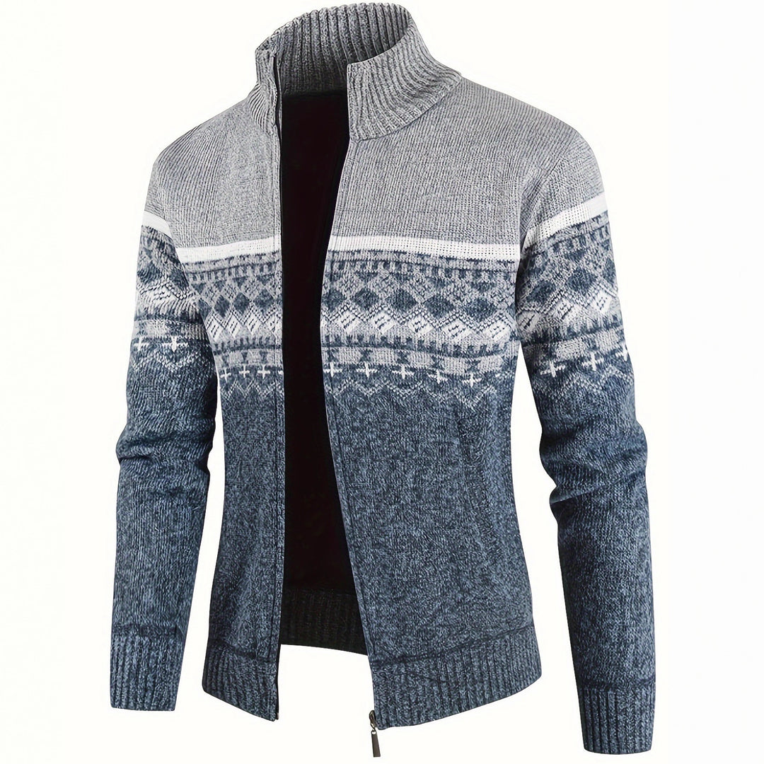 Herren Thermo-Strickjacke mit Stehkragen und Reißverschluss Norwegerstrick Fleece-gefüttert – Taviero