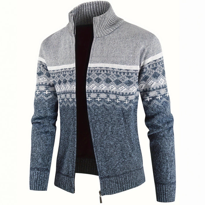 Herren Thermo-Strickjacke mit Stehkragen und Reißverschluss Norwegerstrick Fleece-gefüttert – Taviero