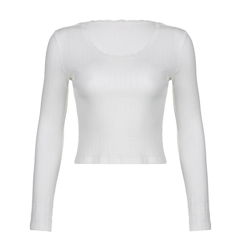 Damen Tailliertes Rippstrick-Cropped-Longsleeve mit Spitzenkante Echo Archiv