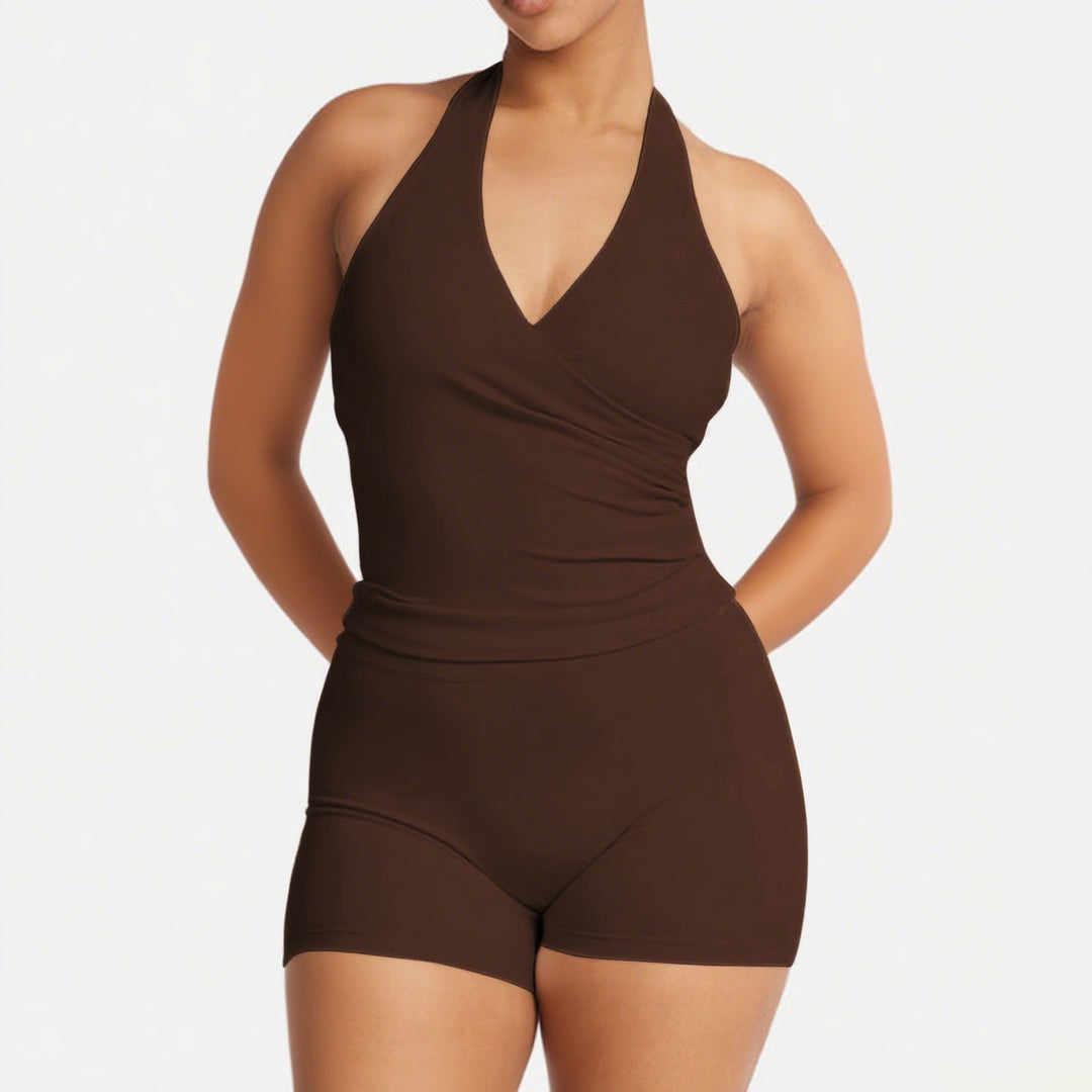 Damen Sportlicher Einteiler mit Wickeldesign und tiefem V-Ausschnitt Echo Archiv