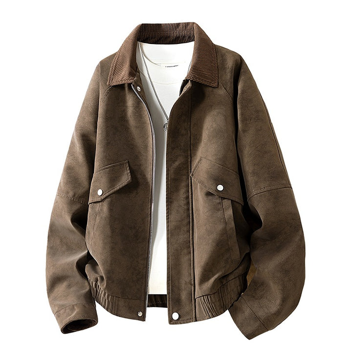 Herren Oversize Utility-Bomberjacke aus Kunstleder mit geripptem Saum und Hemdkragen Echoarchiv