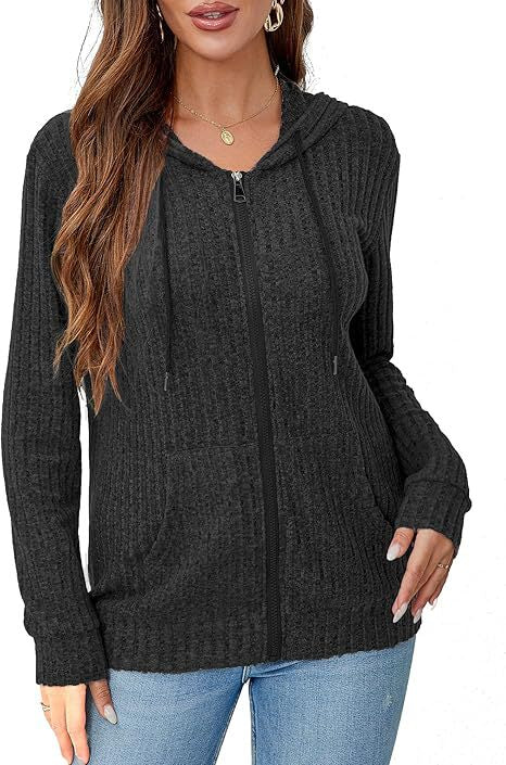 Damen Strick-Kapuzenjacke mit Reißverschluss, Waffelstruktur und Eingrifftaschen – Auréline