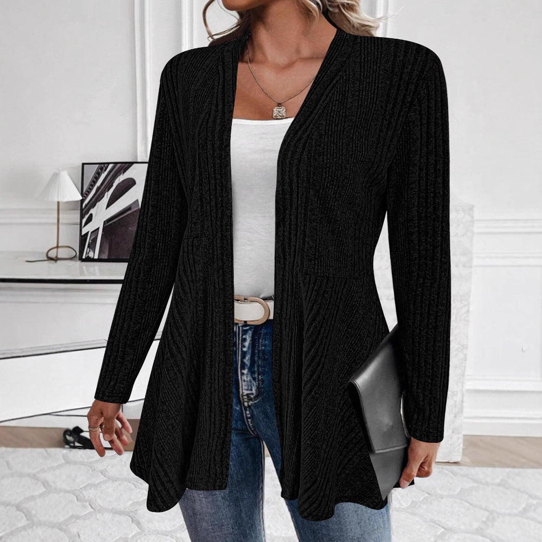 Damen Offener Gerippter Longcardigan mit ausgestelltem Saum Echoarchiv