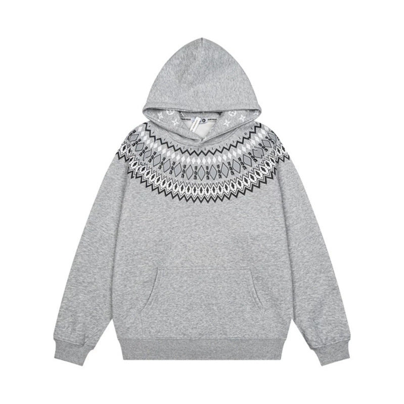Unisex Oversize Kapuzenpullover mit nordischem Rundpasse-Jacquard, Kängurutasche und Rippbündchen Echoarchiv