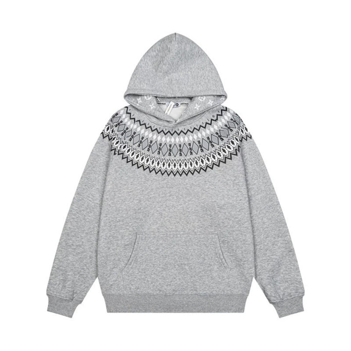 Unisex Oversize Kapuzenpullover mit nordischem Rundpasse-Jacquard, Kängurutasche und Rippbündchen Echoarchiv