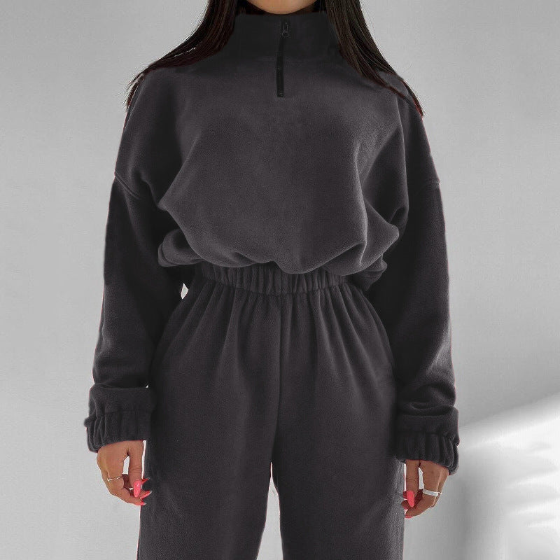 Damen Relax-Fleece-Set mit Stehkragen-Halbzip und geraffter High-Waist-Hose – Avérine