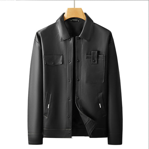 Herren Minimalistische Lederimitat-Utility-Jacke mit Druckknopf-Verschluss und Mehrfachtaschen Echo Archiv