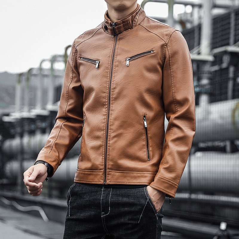 Herren Kunstleder-Motojacke im Aviator‑Stil mit Stehkragen und funktionalen Reißverschlüssen Echoarchiv
