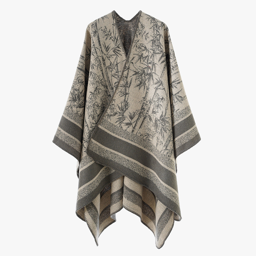 Damen Jacquard‑Poncho im Cape‑Stil mit Bambusmotiv und offener Vorderseite – Avérine