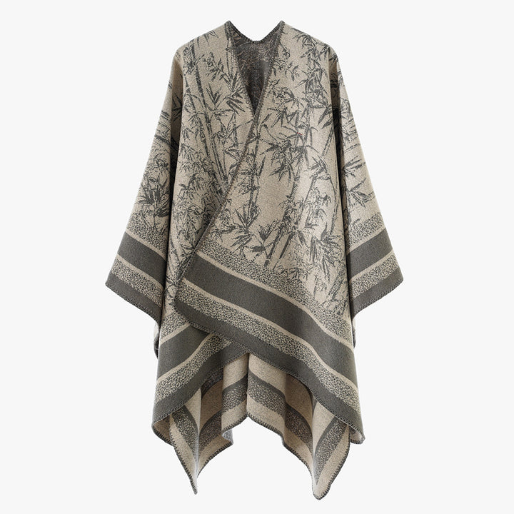 Damen Jacquard‑Poncho im Cape‑Stil mit Bambusmotiv und offener Vorderseite – Avérine