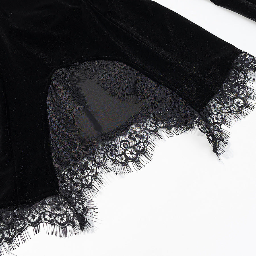 Damen Samtshirt mit asymmetrischem Spitzen-Saum und Schlitzdetail Echo Archiv