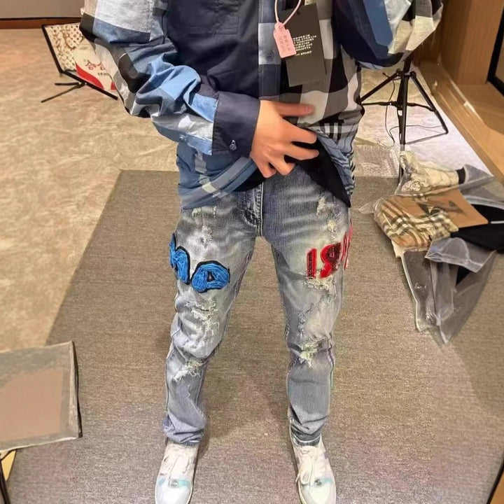 Herren Modische Jeans mit Aufnähern und Distressed-Effekten Echo Archiv