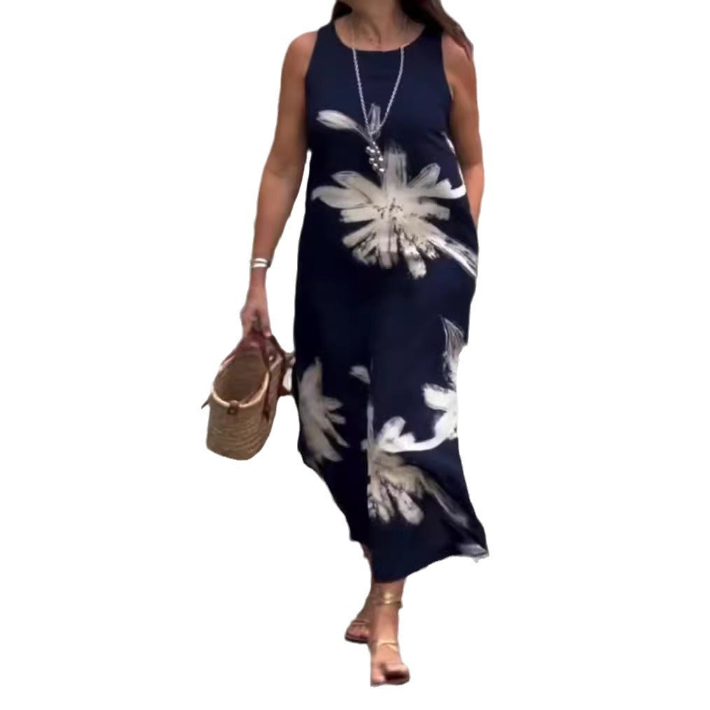 Damen nan ärmelloses lässiges Maxikleid aus Leichtjersey mit großflächigem Pinselblumenmuster und versteckten Seitentaschen Echo Archiv