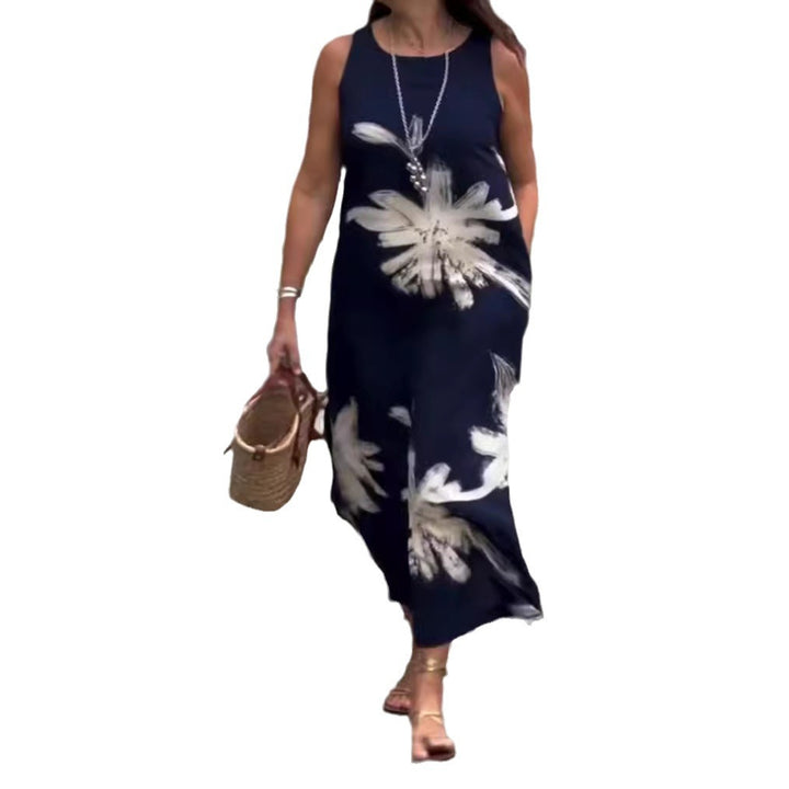 Damen nan ärmelloses lässiges Maxikleid aus Leichtjersey mit großflächigem Pinselblumenmuster und versteckten Seitentaschen Echo Archiv